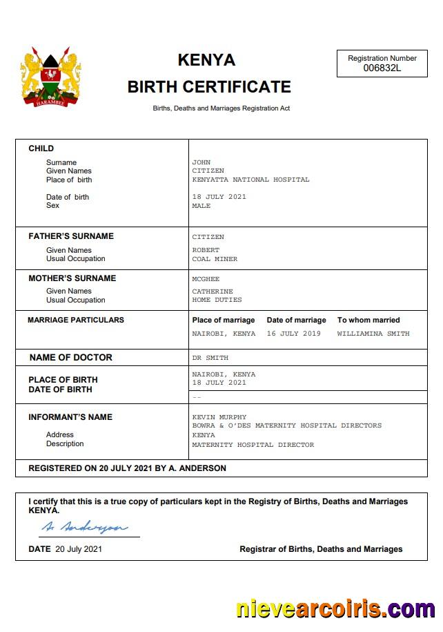 Kenya vital record birth certificate